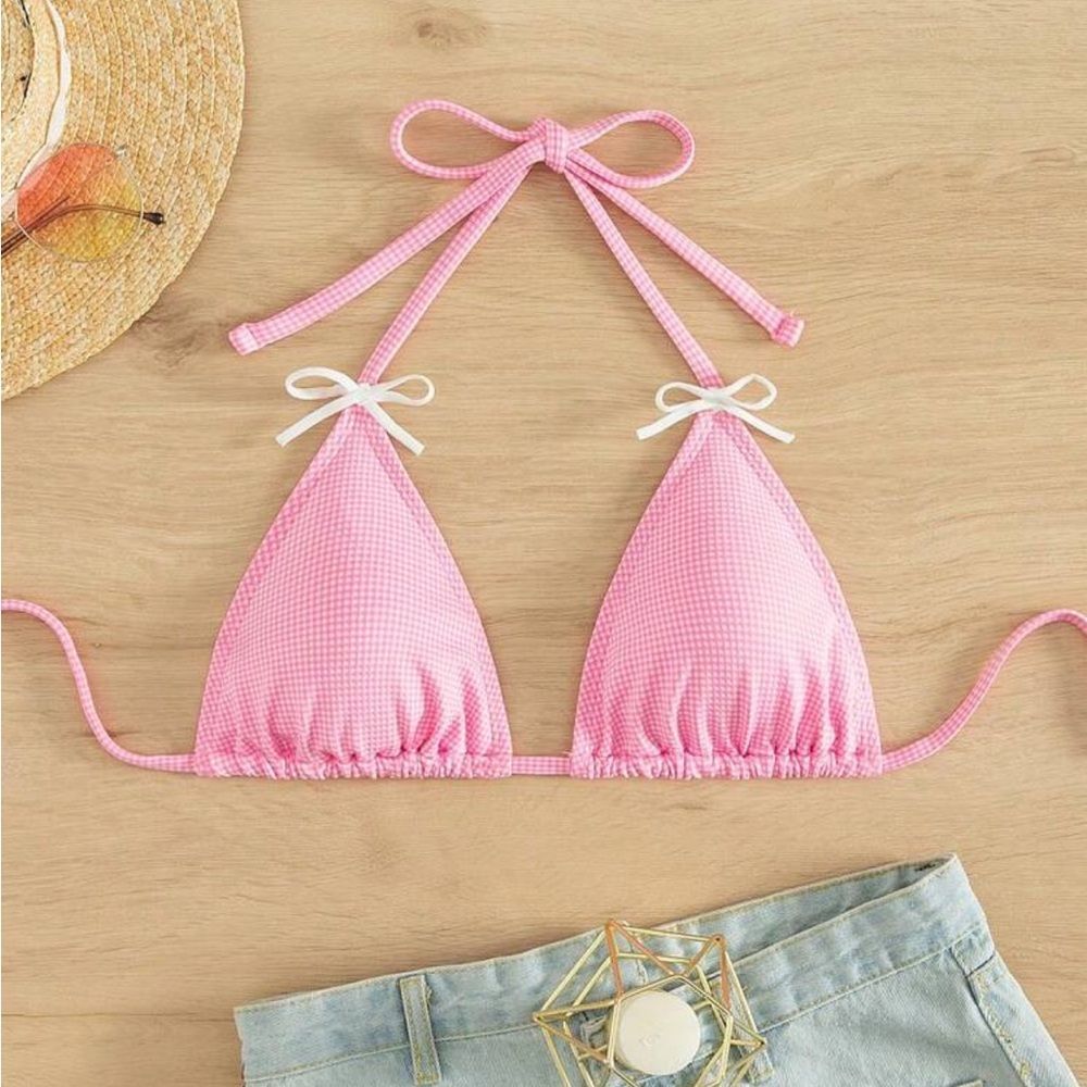 New Pink Plaid Tie Bikini Top Size 6 (M)